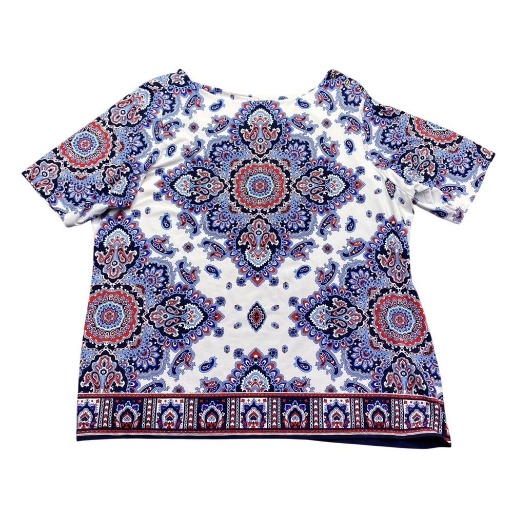 Charter Club Woman 3X Blue Red Paisley Medallion S/Sleeve Top Shoulder Button